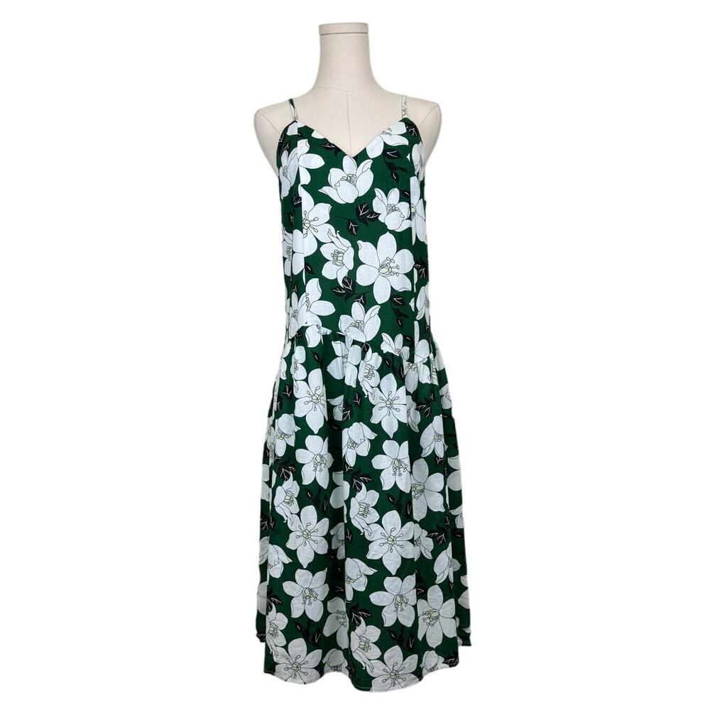 JOA Anthropologie Lawn Party Floral Midi Dress Linen Cotton Green White Sz S NWT
